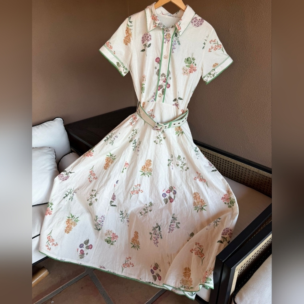 NWT Lalibela Cream Floral Midi Dress with Green Accents 100% Cotton